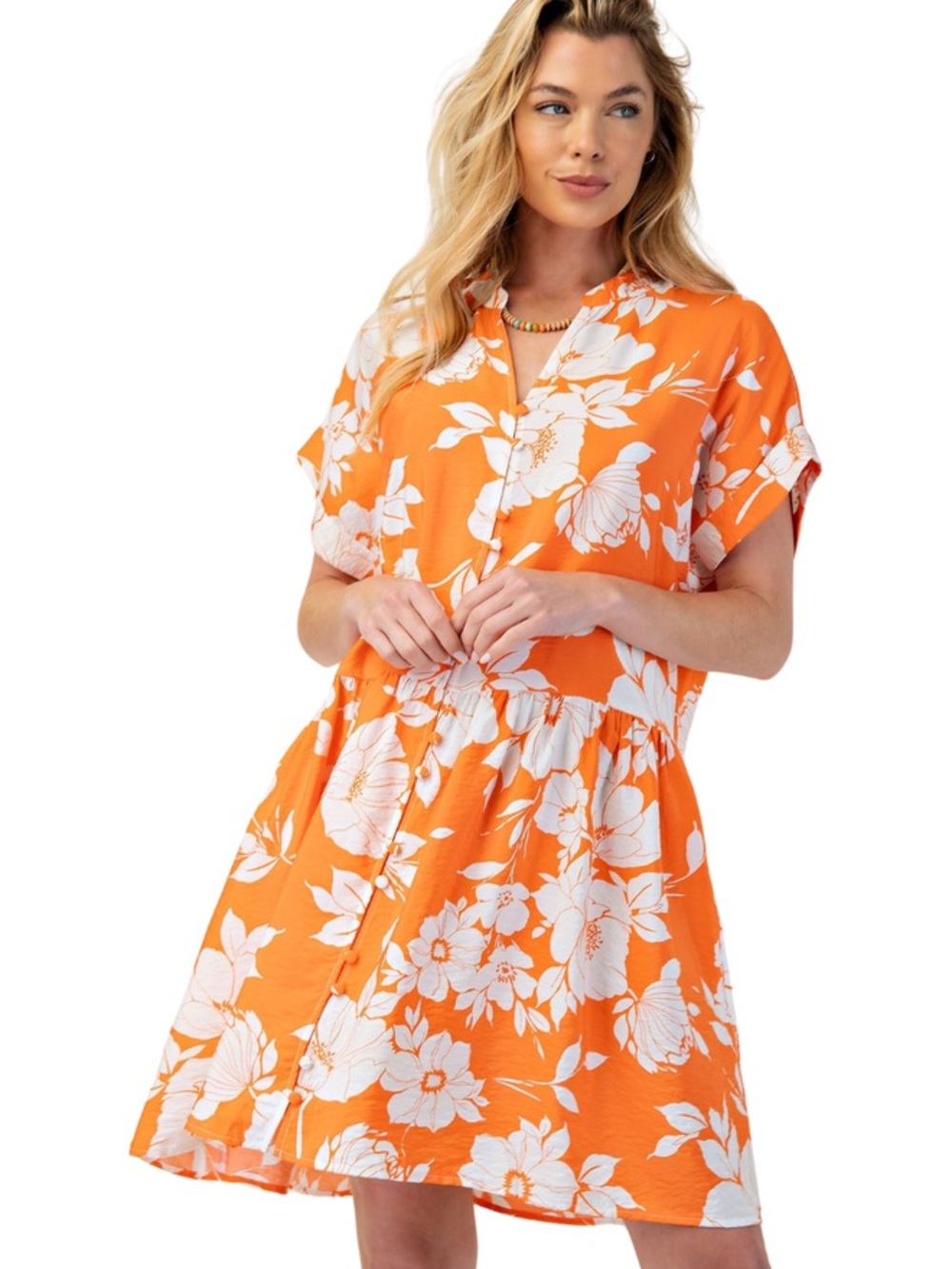 Easel OVERSIZE  Orange Floral Babydoll Dress with White Blooms